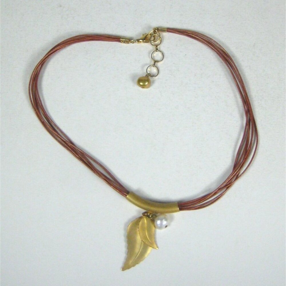 Goldtone Leaf Pendant Bib Necklace Imitation Pearl Cord 18 inch Multi Strand